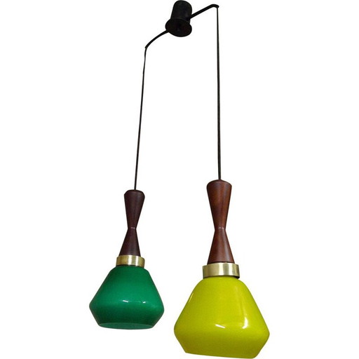 Sospensione vintage in colore opalino, ottone e teak, Italia, 1950