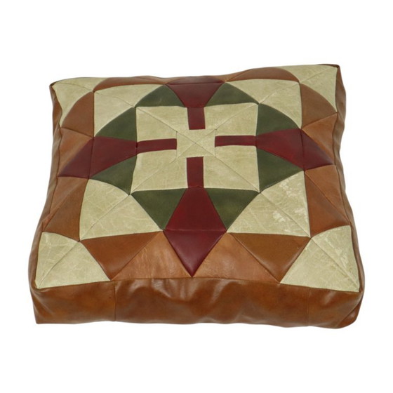 Image 1 of Vintage Patchwork Cushion Plaid Pattern Faux Leather
