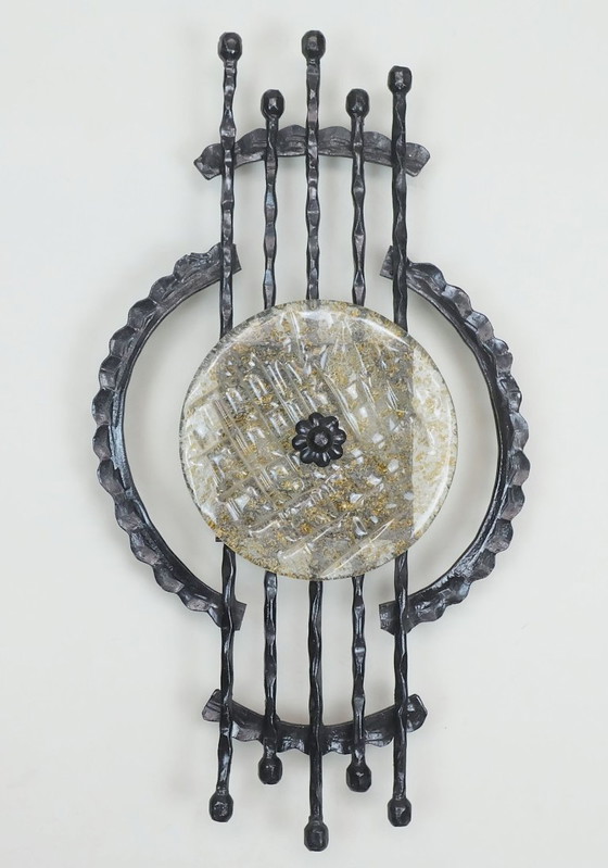 Image 1 of mid century brutalist style wrought iron and glass wall lamp sconce 1960s 1970s