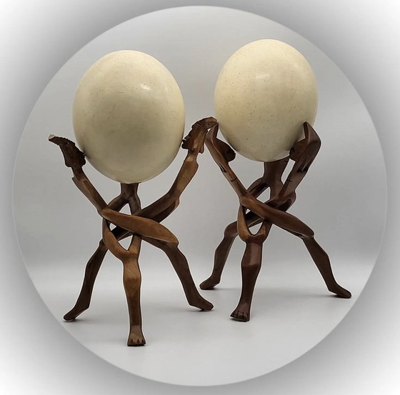 Image 1 of Genuine Ostrich Eggs, Vintage, Exotic Wood Stands