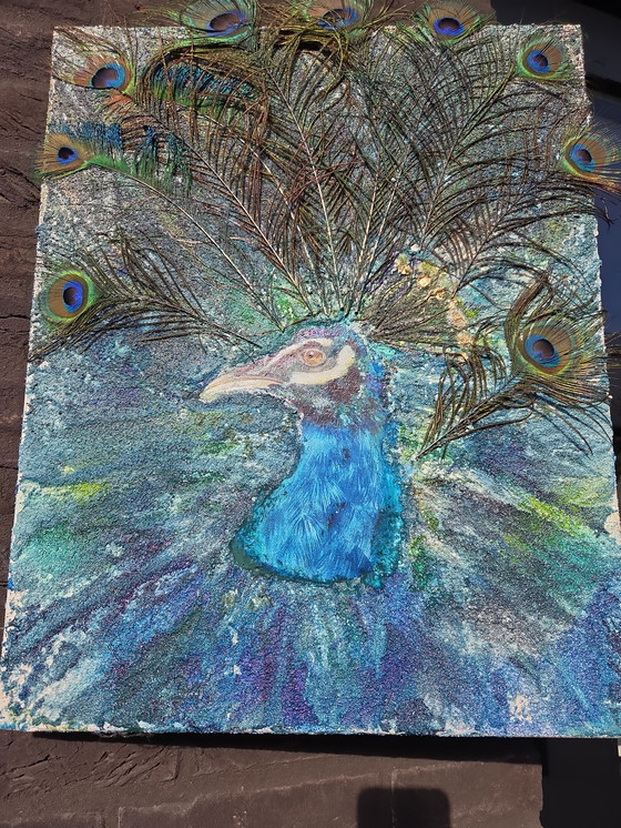 Image 1 of Paon sur toile, technique mixte