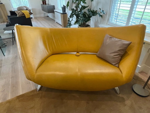 Leolux, canapé Danaïde, cuir jaune, coussins en cuir taupe