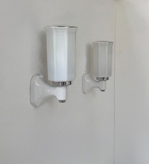 Paire d'applique vintage, porcelaine et opaline, France 1950