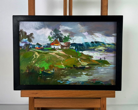 Image 1 of Origineel olieverfschilderij: Landelijk landschap, natuur, een rivier nabij het dorp.