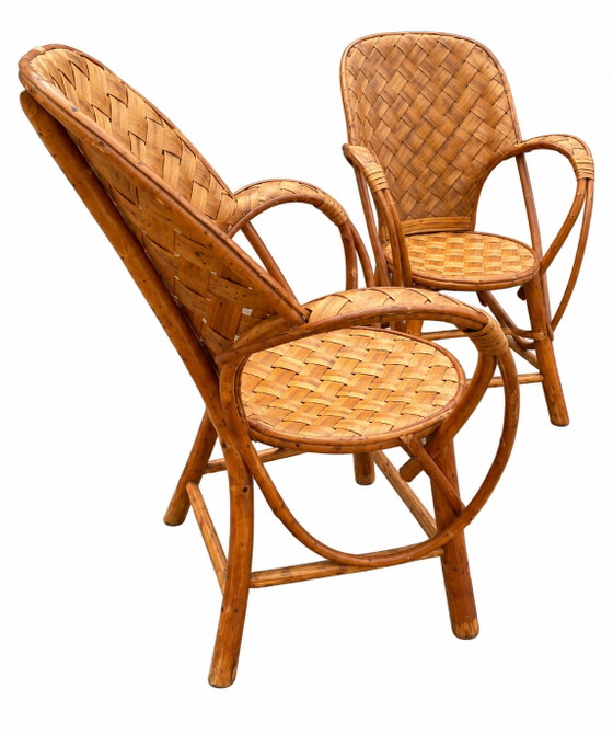 Set da giardino vintage in rattan intrecciato - tavolo rotondo e 4 poltrone – Set da salotto, Bamboo, Wicker (photo 13 of 15)