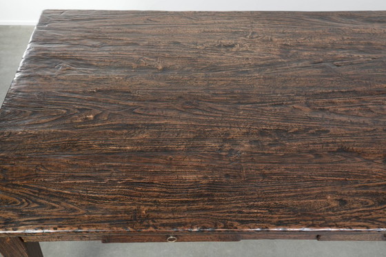 Image 1 of Grote boeren eettafel van sfeervol iepenhout met een prachtig patina uitgevoerd met drie lades