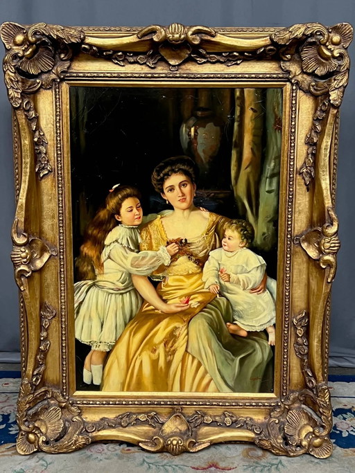 "Familiescène". Olieverf op doek. – schilderijen tekeningen, Canvas (photo 2 of 7)