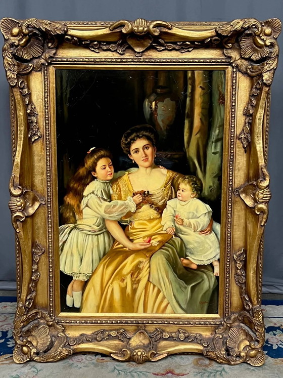 "Familiescène". Olieverf op doek. – Schilderijen & Tekeningen, Canvas (photo 2 of 7)