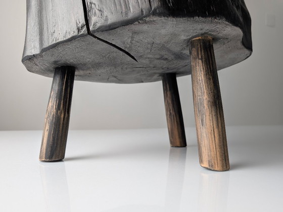 Image 1 of Black Ebonized Wabi-Sabi Wood Stool with Butterfly Joints
