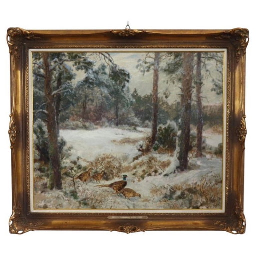 Pheasants in the Snow, Oil Painting on Board, Signed Wilhelm Buddenberg