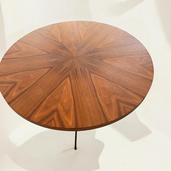 Image 1 of Mid - Century / Space Age side / coffee table with round veneered solid wood table top on veneer-clad chrome base