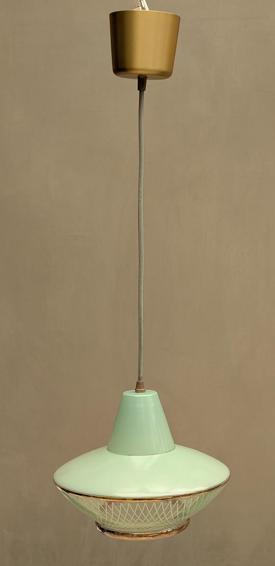 Image 1 of Franse Mintgroene hanglamp glas 60's