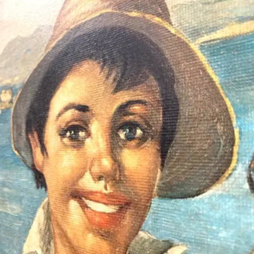 Peinture à l'huile, G. De Curtis, toile signée, Jeune pêcheur italien, fin du XXe siècle