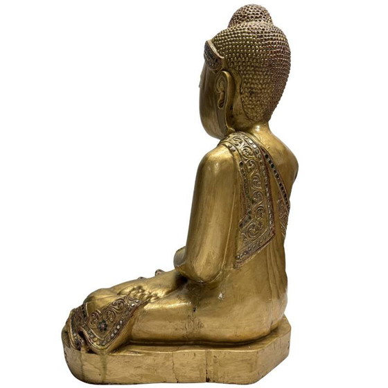 Gilded Wooden Buddha with Glass Inlay from Myanmar, Strong Features – Sculpture (photo 6 of 16)