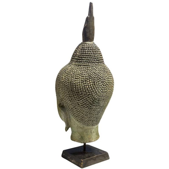Antiek Thais Bronzen Boeddha Hoofd met Voetstuk 39 cm – Beeldhouwkunst, Wood (photo 5 of 7)