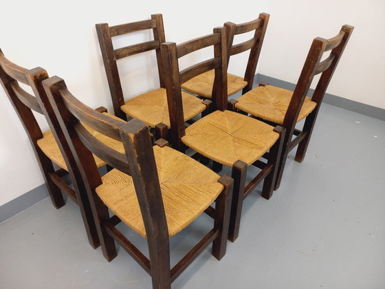 Image 1 of Set of 6 vintage brutalist chairs in solid oak and straw from the 60s