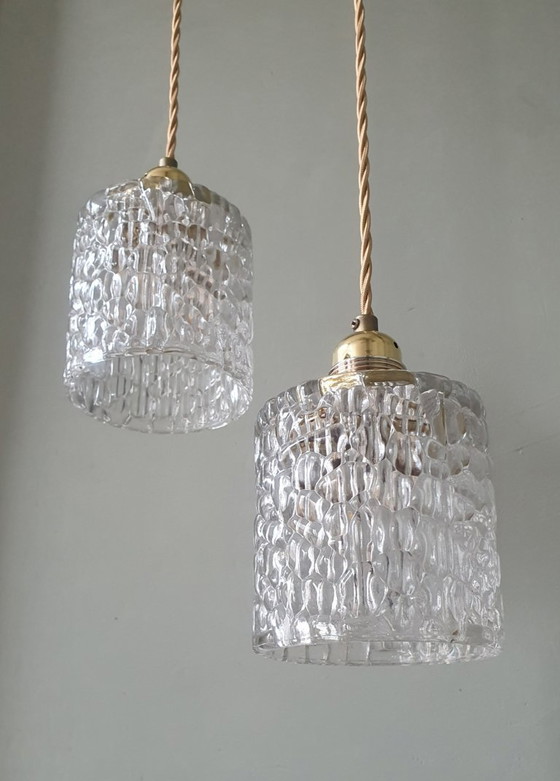 Image 1 of Set van 2 Vintage hanglampen - crackle glass - textuur - midcentury design