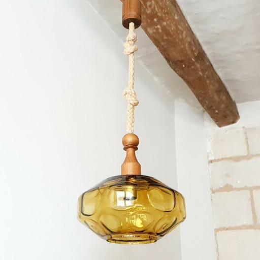 Vintage 1960s Rope, Gold Glass & Teak Pendant Light