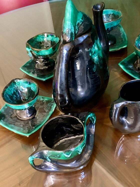 Service À Café / Thé Sculptural Vallauris Vintage — Émail Vert Émeraude Réactif & Noir Profond (Années (photo 3 of 15)