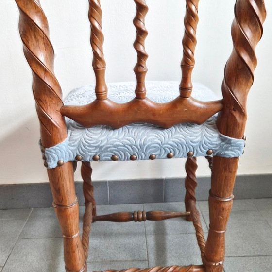 Image 1 of Handcrafted vintage chair from the 1950s in carved wood and velvet, 1950s folk art