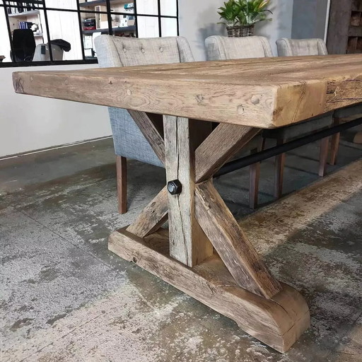 Antique Solid Oak Farmhouse Table with Star Legs - Length 250 cm