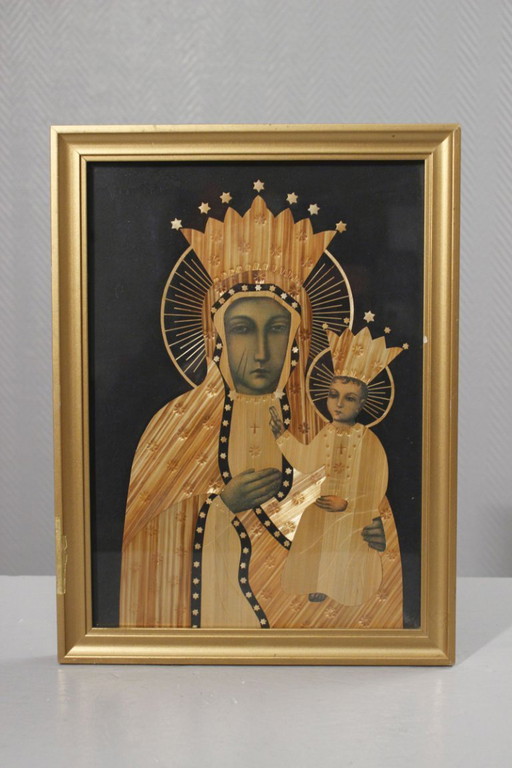 Icona intarsiata in paglia della Madonna Nera di Częstochowa, Polonia, 1979