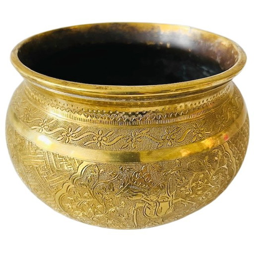 Antike indonesische Messing Blumentopf jardiniere Wayang Gravur