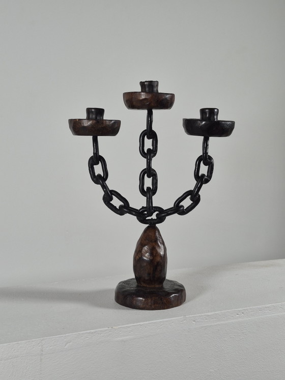 Candeliere vintage in stile brutalista spagnolo a tre fiamme con decorazione a catena. – Portacandele, Metal (photo 13 of 13)