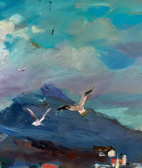 Image 1 of Original Oil Painting Summer Sea Landscape Seagulls over the waves