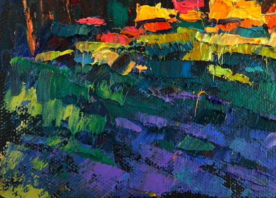 Image 1 of Original Oil Painting Autumn Forest Landscape Fires ignite darkness and silence