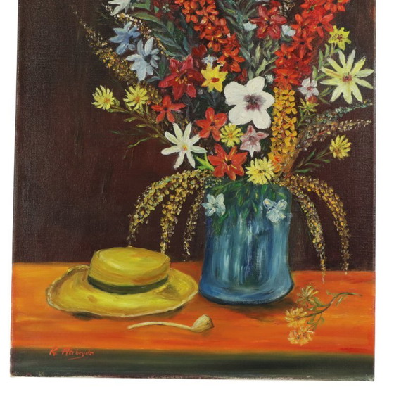 Image 1 of Flowers with Hat Still Life Painting 60x50cm
