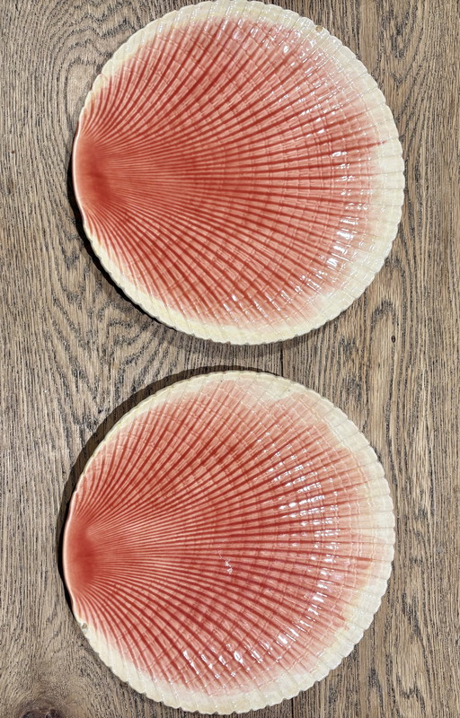 2 Barbotine-Muschelteller / Austernschalen, ca. 1900