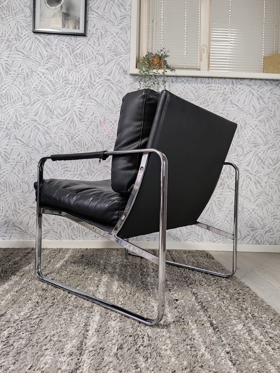 Image 1 of Set of 2 designer armchairs – black leather with chrome frame