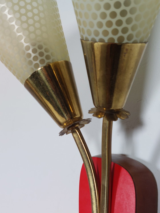 Image 1 of Lampada da parete vintage di metà secolo, lampada a borsa, vetro, ottone, decorazione floreale