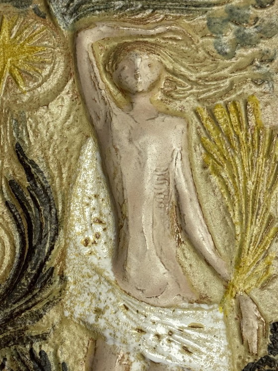 Image 1 of Belgian Ceramic Wall Plaquette with Female Figure and Sun Motif, 1970s
