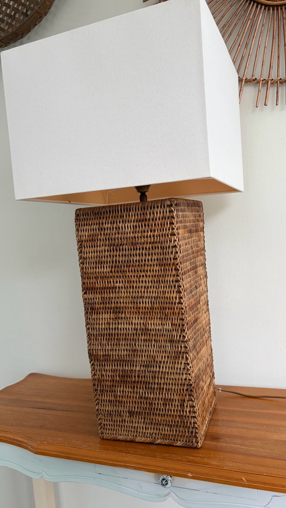 XXL Vintage Birman Osier & Rotin Colonne Lampe, Textile, Beige (photo 8 sur 15)