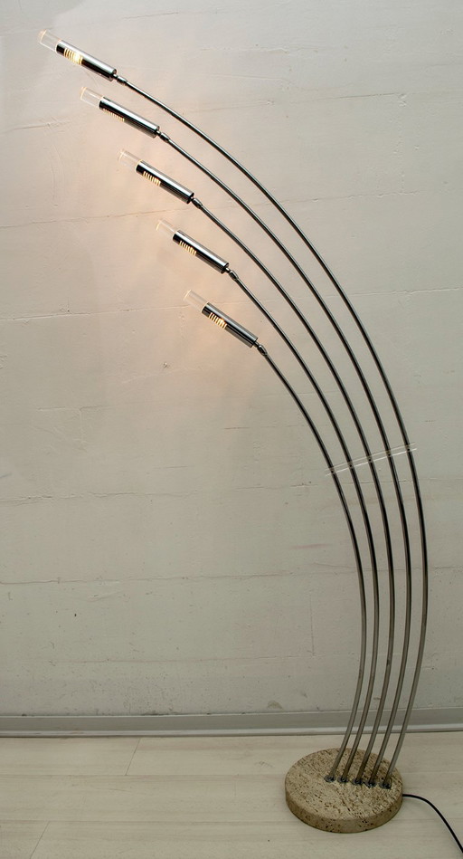Midcentury Italian Arched Floor Lamp 5 Lights Chrome Metal and Lucite, 1960s
