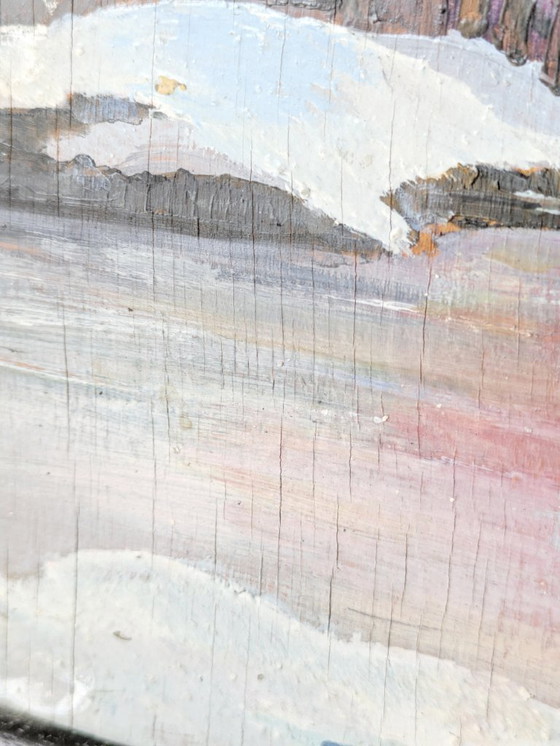 Image 1 of Pittura a olio d'epoca su tavola | Paesaggio invernale Scena di campagna | Incorniciato