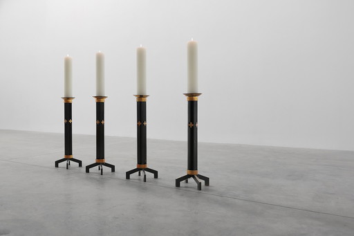 Rare set of 4 very large church candle sticks in black metal and copper, 1960s