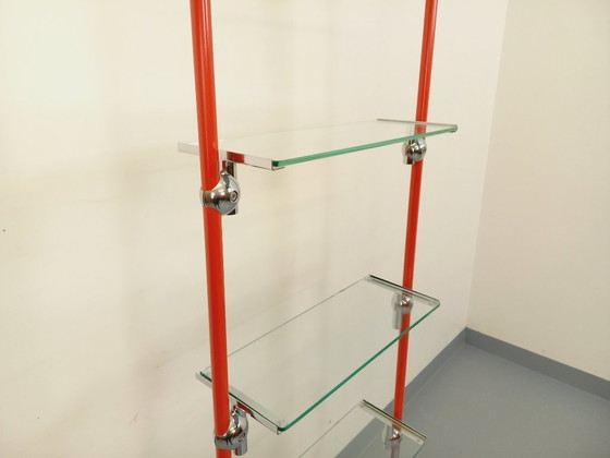 Image 1 of Modular Bauhaus-style vintage bookcase in red metal, chrome and glass from the 1970s