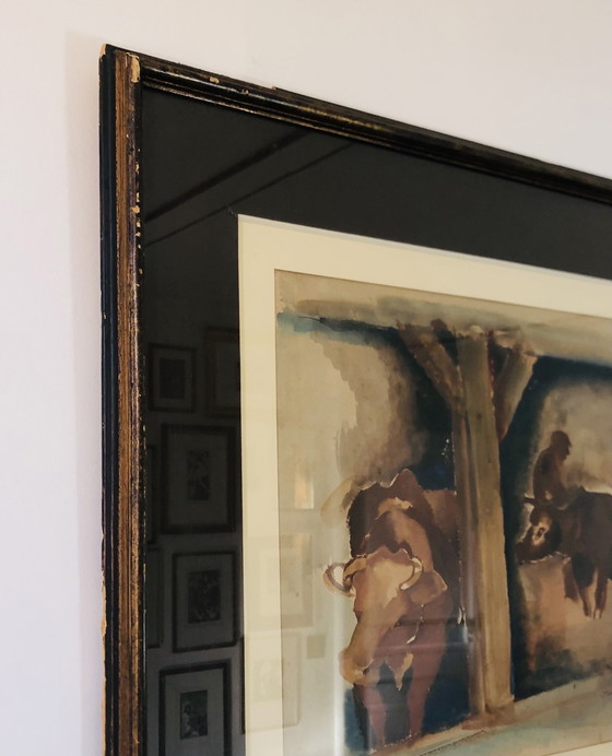 Image 1 of Jean Timmermans (1899-1986) - Mucche e contadino nella stalla Acquerello - Firmato a mano - 1930