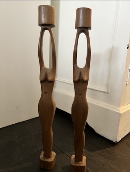 Candelieri intagliati a mano in stile scandinavo di metà secolo