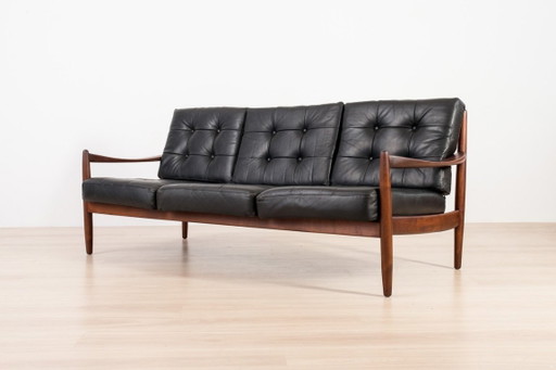 Divano scandinavo a 3 posti in legno e pelle nera, anni '60