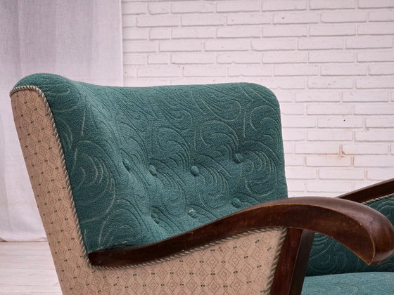 Image 1 of Dänischer Sessel aus den 1950er Jahren, original grün/beige Möbelwolle, Buchenholz.