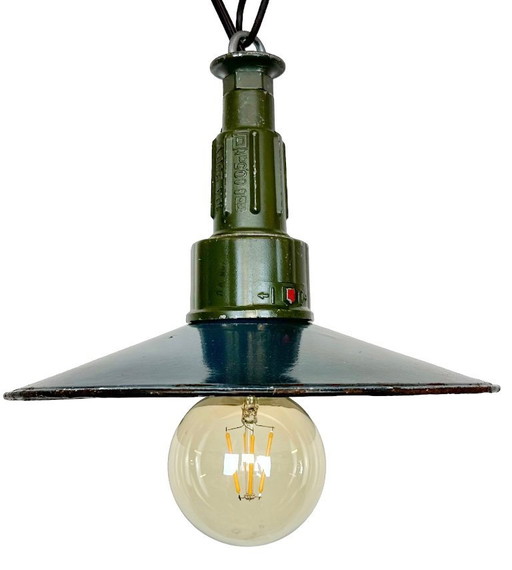 Industrial Blue Enamel Military Pendant Lamp with Cast Aluminium Top, 1960