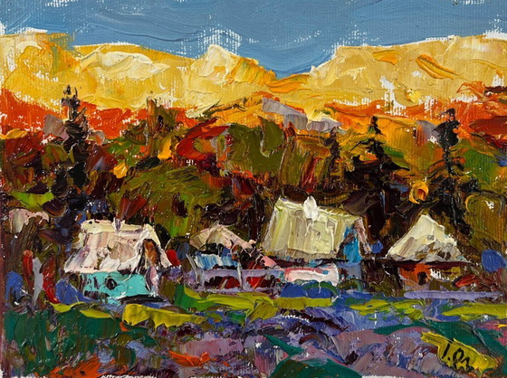 Image 1 of Original Oil Painting Evening Village Landscape The sun is setting