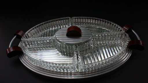 Decorative cabaret, pressed glass serving dishes on a mirrored tray, Art Deco