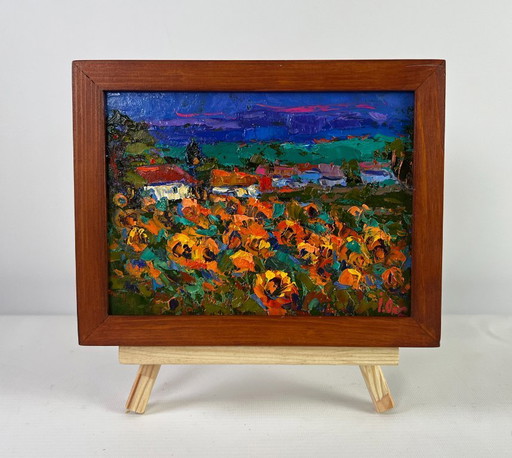 Original Oil Painting Evening Village Landscape Village life in the summer