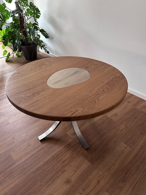 Ronde Tecno eet- en vergadertafel – Massief eikenhout met glazen inzetstuk