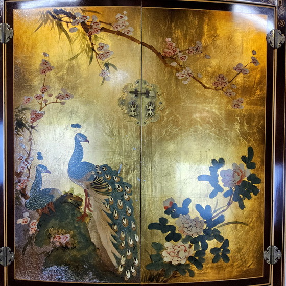 Image 1 of Vintage Chinese cabinet gold leaf flowers and peacocks and birds / oriental cabinet / bohemian cabinet / Asian cabinet